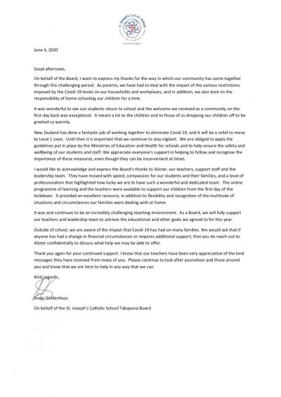 Board Letter – 4 June 2020 – St Joseph's Catholic School Takapuna